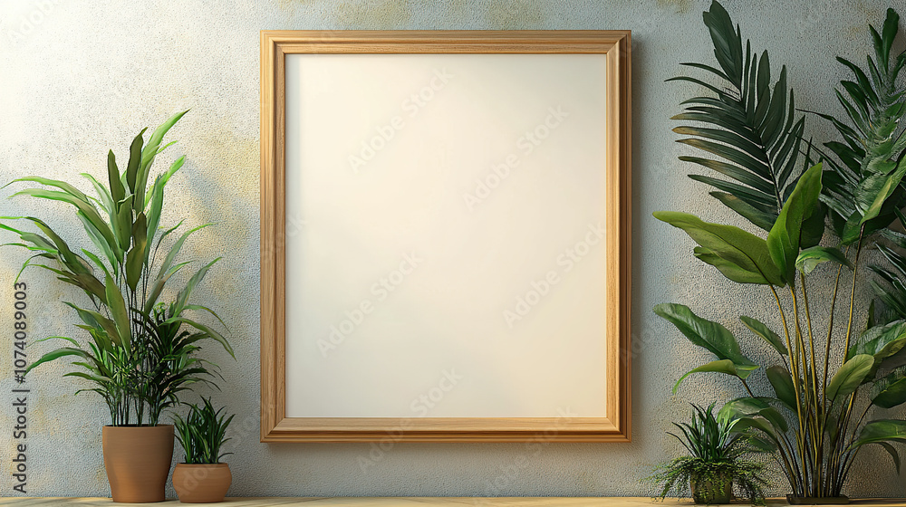 A mockup of an empty, blank wooden frame on the wall, with plants beside it A mockup of an empty, blank wooden frame on the wall, with plants beside it