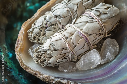 A detailed image of two white sage bundles alongside various healing crystals in an abalone shell photo