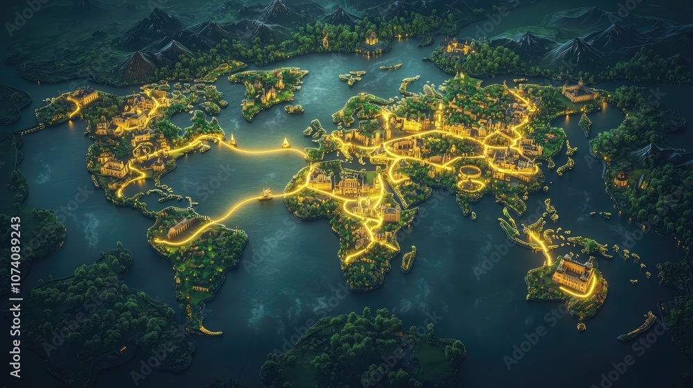 Illuminated world map showcasing vibrant pathways and landscapes. Illuminated world map showcasing vibrant pathways and landscapes.