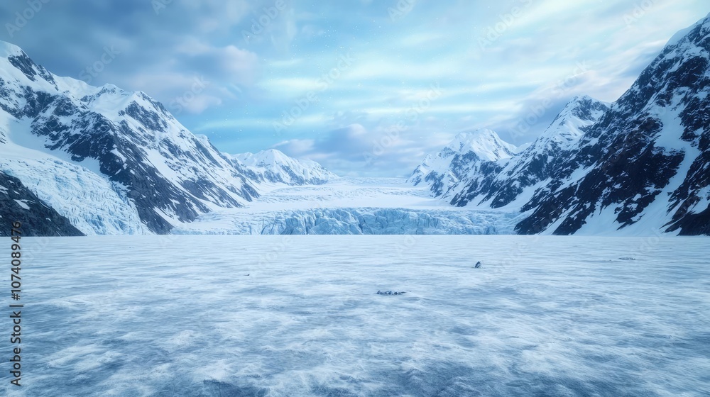 Majestic glacier surrounded by towering mountains under a dramatic sky. Majestic glacier surrounded by towering mountains under a dramatic sky.