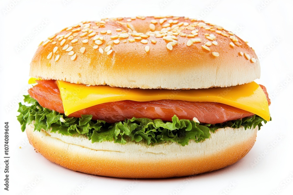 A detailed view of a sesame bagel with smoked salmon cream cheese and cheddar on a light backdrop A detailed view of a sesame bagel with smoked salmon cream cheese and cheddar on a light backdrop