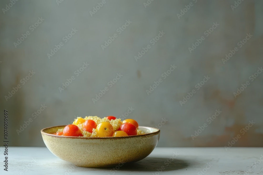 A dish of quinoa and cherry tomatoes on a bright table A dish of quinoa and cherry tomatoes on a bright table