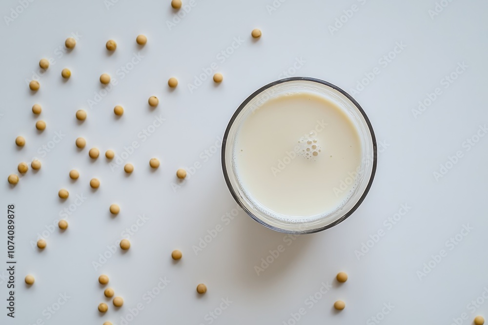 A glass of soy milk and soybeans on a white surface seen from above A glass of soy milk and soybeans on a white surface seen from above