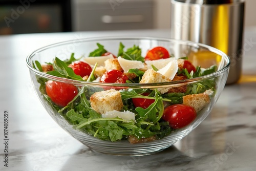 A glass bowl contains Italian arugula salad topped with Parmesan cherry tomatoes and croutons accompanied by Spanish olive oil in a stainless steel can