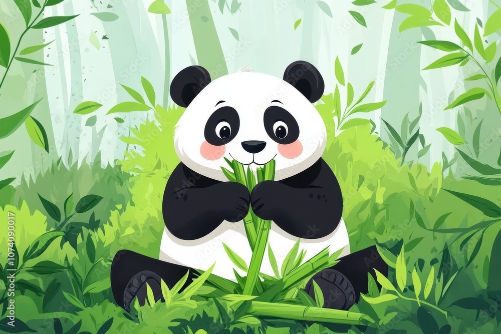 A playful panda relaxes in bamboo while eating in a lush forest A playful panda relaxes in bamboo while eating in a lush forest
