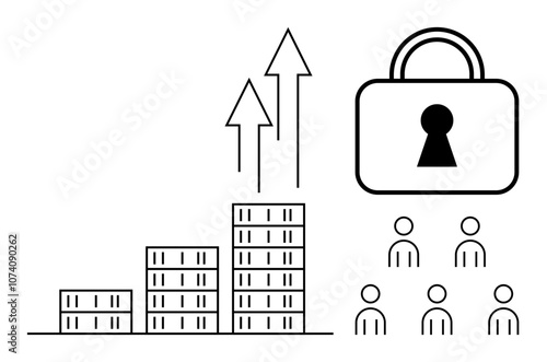 Buildings with upward arrows indicating growth, padlock representing data security, and people icons. Ideal for business, growth, data security, technology, teamwork, digital transformation