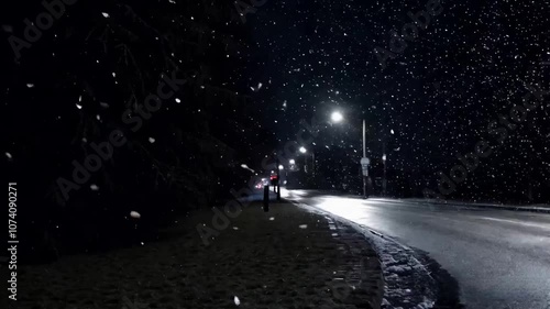 Snowy Night Road: A tranquil and moody scene of a snow-covered road under a night sky blanketed with falling snow, illuminated by streetlights casting a warm glow.  