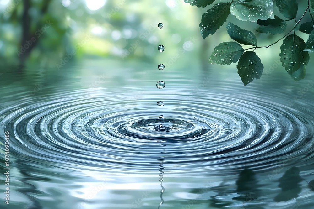 Close-up of water droplets falling into a serene pond, creating ripples in the calm water. Lush green leaves frame the scene, conveying a peaceful, refreshing atmosphere. Close-up of water droplets falling into a serene pond, creating ripples in the calm water. Lush green leaves frame the scene, conveying a peaceful, refreshing atmosphere.