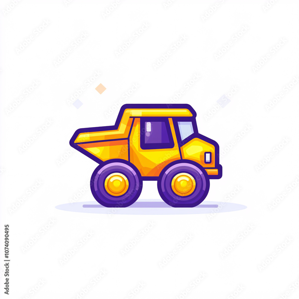 Naklejka premium A cartoonish yellow dump truck with purple wheels, set against a simple background, conveying a playful and cheerful vibe.