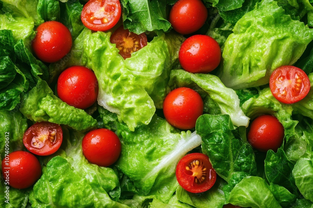 Aerial perspective of Caesar salad with lettuce and tomatoes Aerial perspective of Caesar salad with lettuce and tomatoes