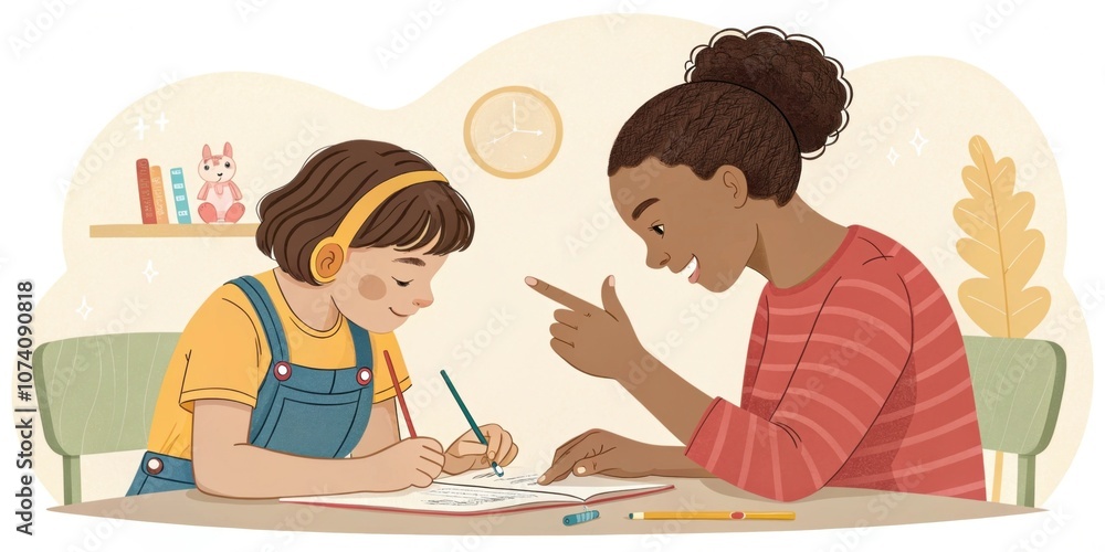 Two indian schoolgirls study together at home, one with headphones for hearing impairment, the other smiling and pointing to the notebook, showing the buddy system Two indian schoolgirls study together at home, one with headphones for hearing impairment, the other smiling and pointing to the notebook, showing the buddy system