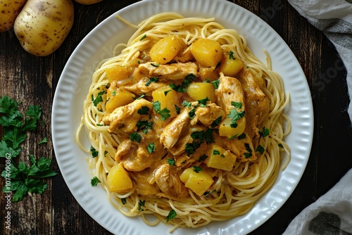 Aerial shot of noodles with chicken and curry potatoes