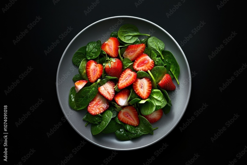 Aerial view of a dish featuring strawberry spinach salad on a dark backdrop Aerial view of a dish featuring strawberry spinach salad on a dark backdrop