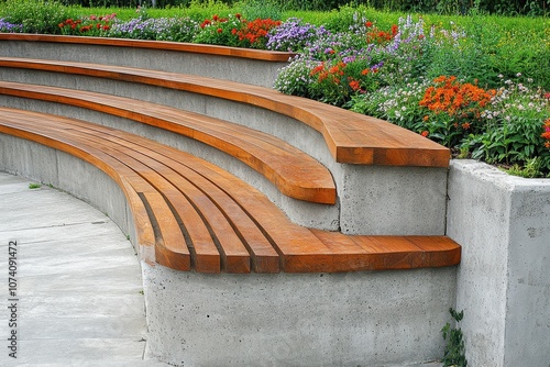 Amphitheater s rounded concrete stairs featuring wooden slats and plants in the park photo