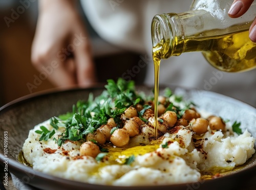 An unidentified woman s body part drizzling olive oil over roasted cauliflower mashed potatoes and spiced chickpeas garnished with parsley photo