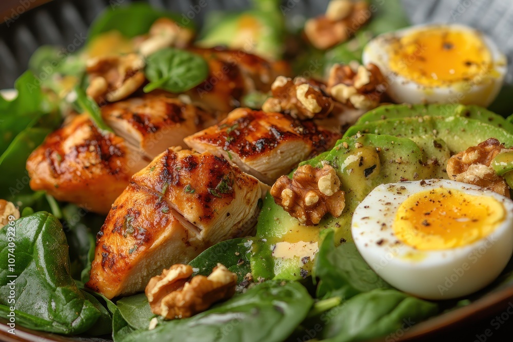 Avocado salad with grilled chicken quail egg spinach and walnuts Beneficial fats nutritious meals for losing weight header menu recipe area for text overhead view Avocado salad with grilled chicken quail egg spinach and walnuts Beneficial fats nutritious meals for losing weight header menu recipe area for text overhead view