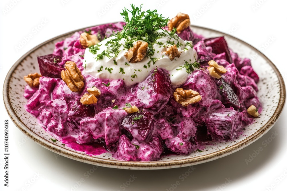 Beet salad with prunes walnuts and sour cream on a white background Beet salad with prunes walnuts and sour cream on a white background