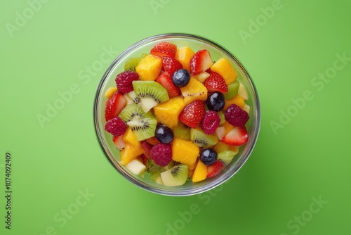 Bird s eye image of a vibrant fruit salad against a green backdrop photo