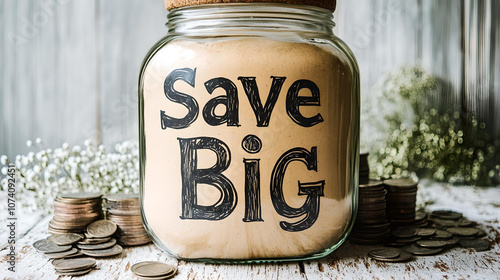 Save Big Jar with Coins on Wooden Table
 photo