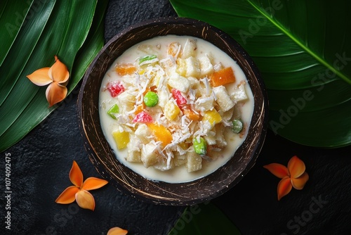 Bird s eye perspective of Buko Salad a Filipino dessert featuring fresh coconut strips sweetened milk fruit cocktail and other additions photo