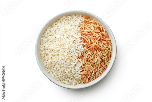 Bird s eye view of a bowl containing white brown and red rice on a white backdrop photo