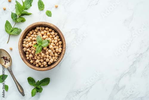 Bird s eye view of a bowl of chickpeas with mint accompanied by a vintage spoon on a white marble surface for a vegetarian dish photo