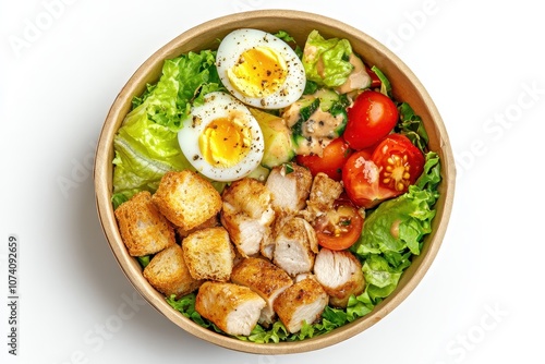 Bird s eye view of a Caesar salad with lettuce tomatoes quail eggs croutons chicken and dressing in a paper bowl against a white background