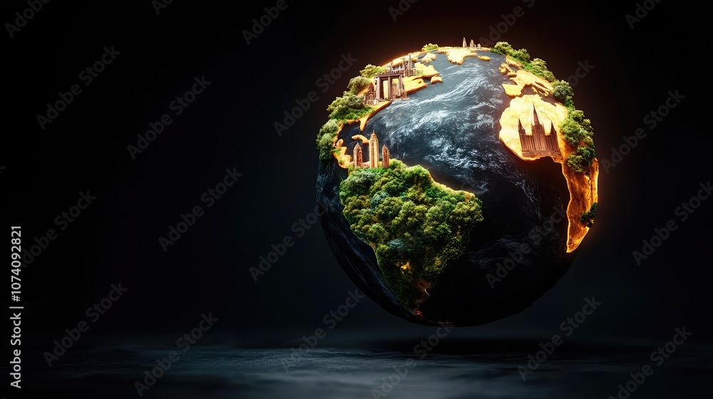 Global earth product showcasing nature and cities, vibrant colors, dark background. Global earth product showcasing nature and cities, vibrant colors, dark background.