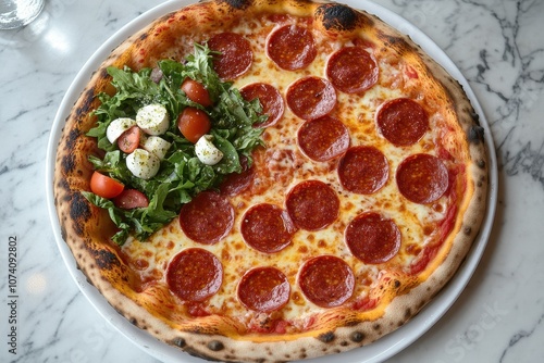 Bird s eye view of a pepperoni pizza and caprese salad on white marble photo