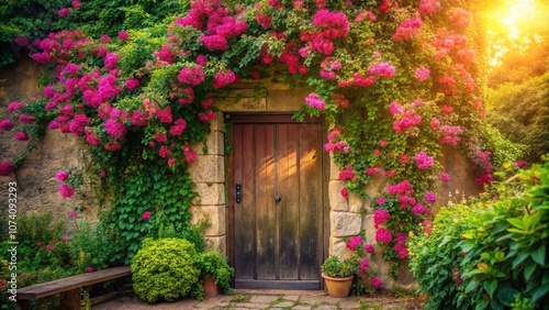 Enchanting Green Wall Adorned with Vibrant Pink Flowers Framing a Charming Rustic Wooden Door in a Serene Natural Setting