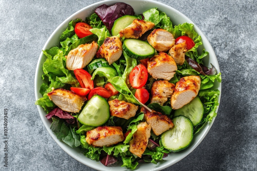 Bowl of crispy Thai chicken salad on light stone surface viewed from above Bowl of crispy Thai chicken salad on light stone surface viewed from above