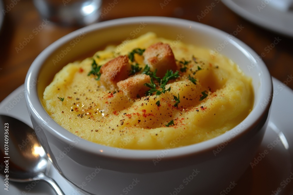 Bowl of yellow mashed potato soup garnished with croutons parsley and red pepper resting on a plate with a spoon Bowl of yellow mashed potato soup garnished with croutons parsley and red pepper resting on a plate with a spoon