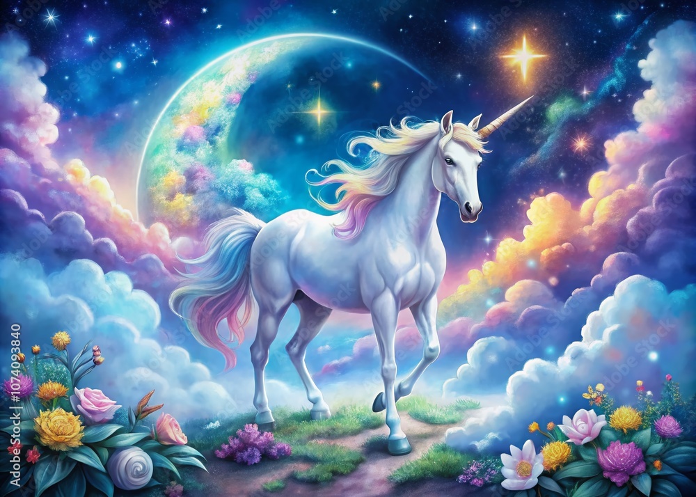 Fototapeta premium Enchanting Night Photography of a Unicorn in a Dreamy Watercolor Style Under a Starry Sky with Soft Pastel Colors and Ethereal Lighting for Fantasy Art Lovers