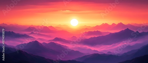 A breathtaking sunset casts vibrant hues over a range of majestic mountains, blending shades of pink, orange, and purple against a tranquil sky.