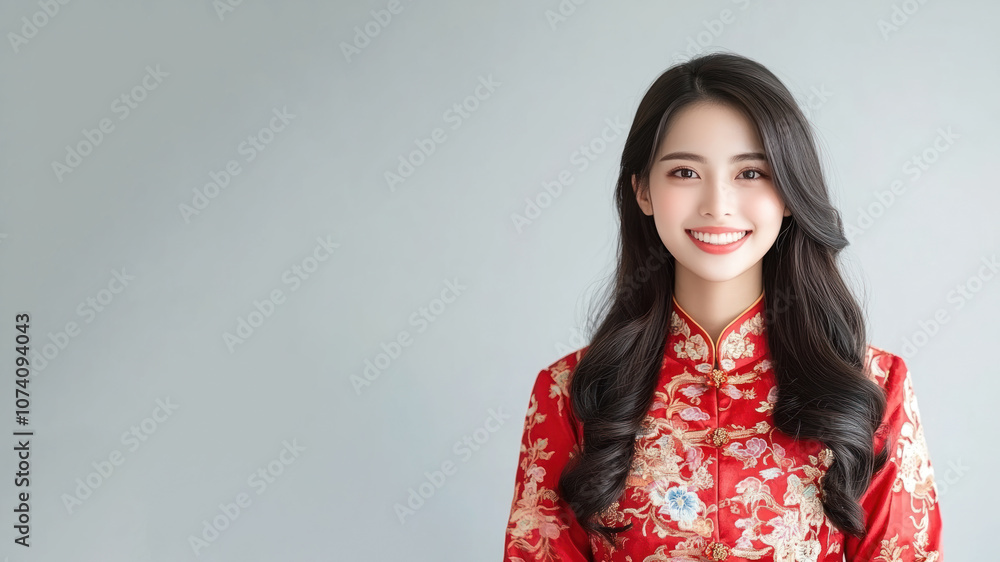 Chinese woman in traditional batik cloth isolated on gray copy space Chinese woman in traditional batik cloth isolated on gray copy space