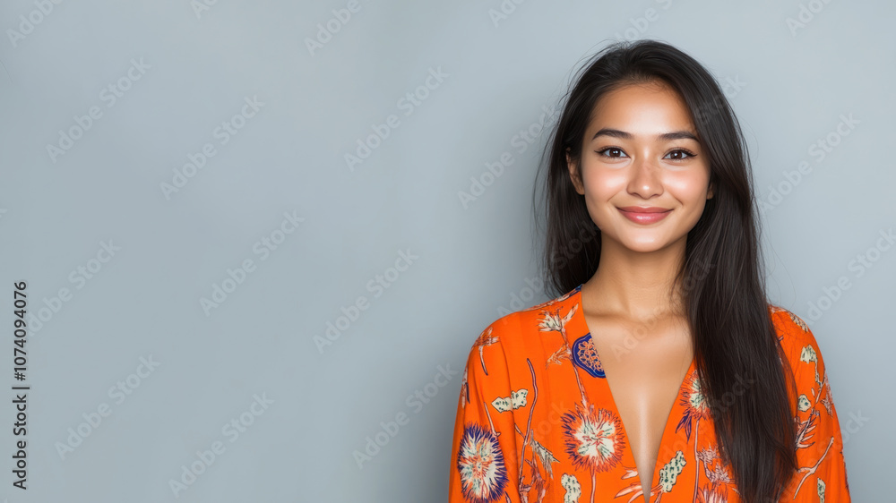 French woman in traditional batik cloth isolated on gray copy space French woman in traditional batik cloth isolated on gray copy space