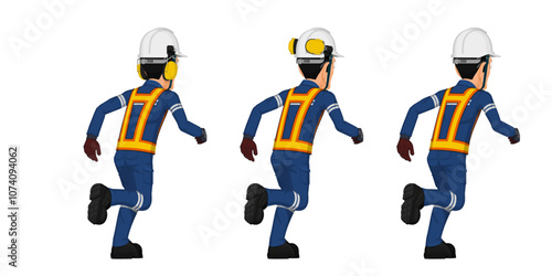 Set of running worker on white background