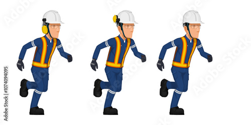 Set of running worker on white background