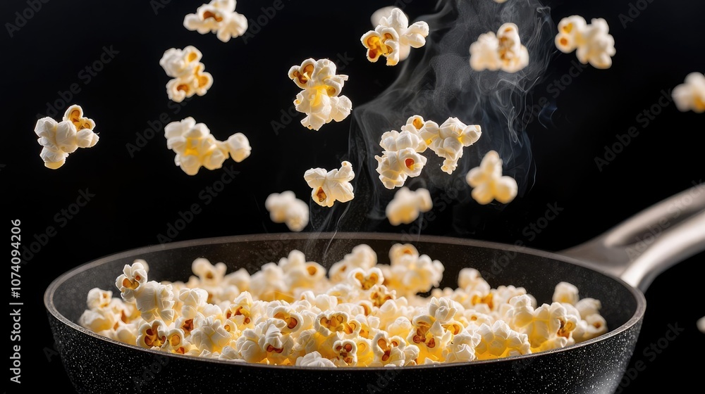 Freshly popped popcorn flying from a pan against a dark background. Freshly popped popcorn flying from a pan against a dark background.