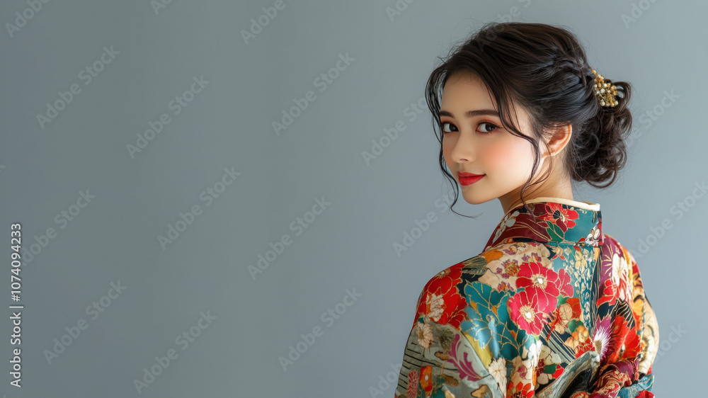 Japanese woman in traditional batik cloth isolated on gray copy space Japanese woman in traditional batik cloth isolated on gray copy space
