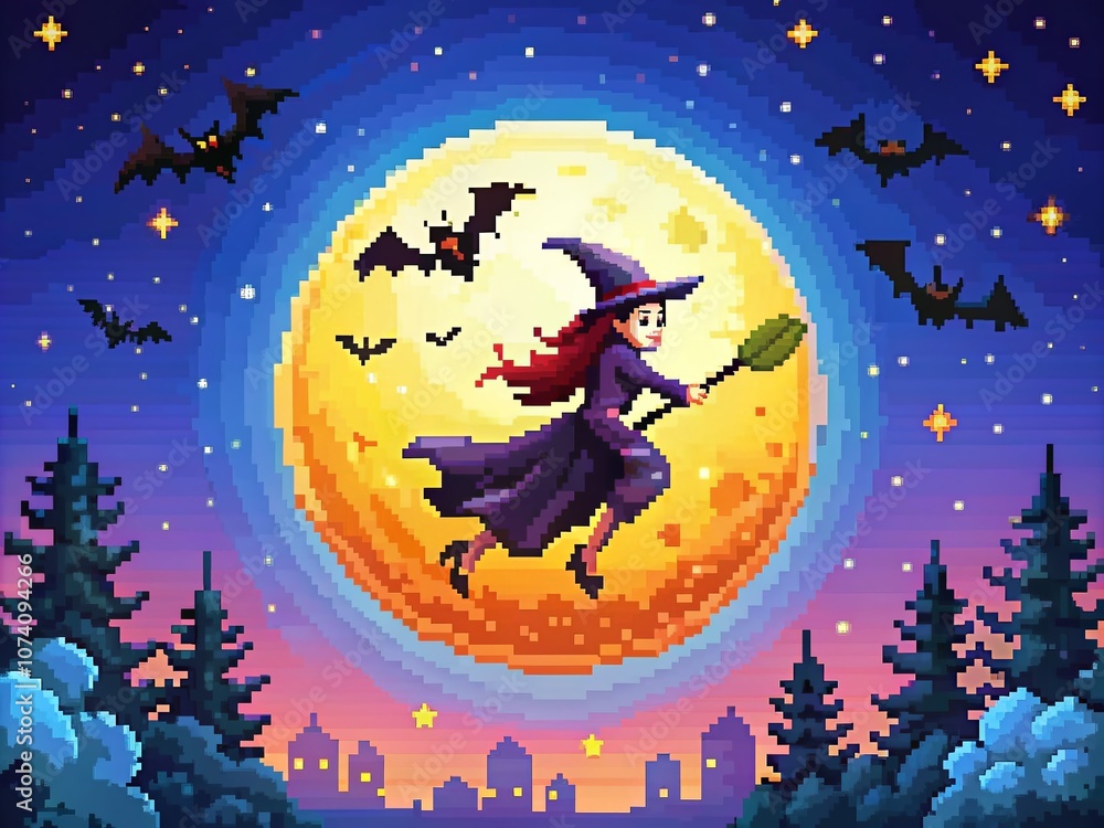 Enchanting Pixel Scene of a Witch Flying on a Broomstick Beneath a Starry Night Sky with a Crescent Moon and Bats, Perfect for Halloween-Themed Gaming and Retro Designs Enchanting Pixel Scene of a Witch Flying on a Broomstick Beneath a Starry Night Sky with a Crescent Moon and Bats, Perfect for Halloween-Themed Gaming and Retro Designs