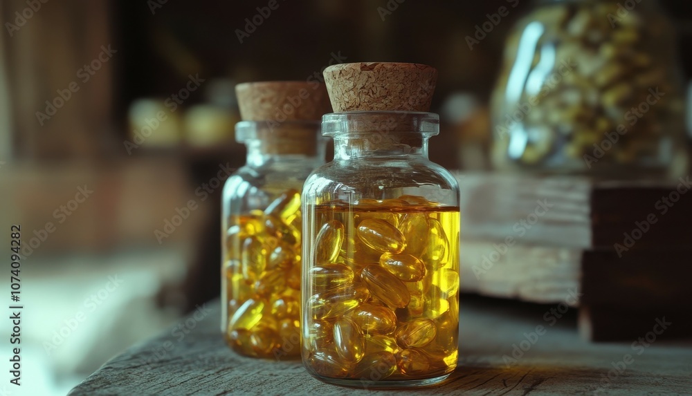Capsules containing Vitamins D and E or Omega 3 6 and 9 packaged in a bottle on rustic wood Fish oil dietary supplement for wellness Banner Capsules containing Vitamins D and E or Omega 3 6 and 9 packaged in a bottle on rustic wood Fish oil dietary supplement for wellness Banner