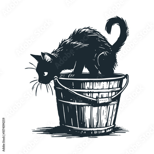 Cat on a bucket watches for prey. Black white vector illustration.