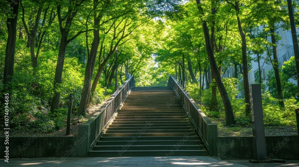 Fototapeta premium Stone Stairs Leading Up Through Lush Green Foliage