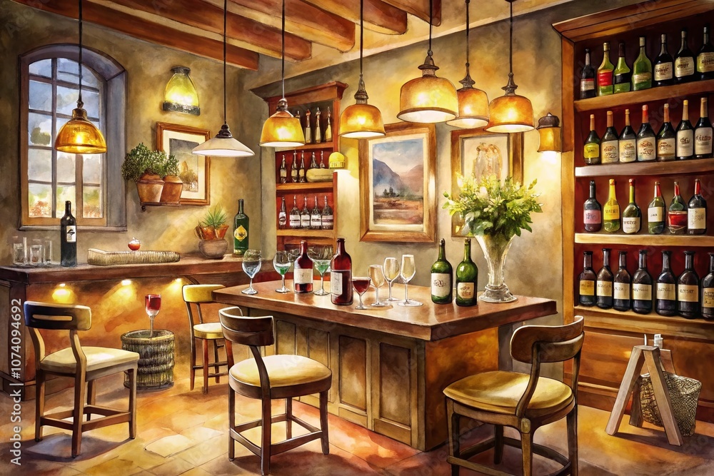 Obraz premium Enchanting Watercolor Scene of a Cozy Wine Bar with Rich Hues and Soft Lighting Capturing the Essence of Relaxation and Fine Wine Enjoyment in an Artistic Style