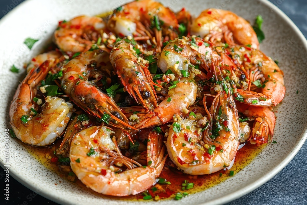 Chili lime sauce shrimp salad on a white plate Bird s eye view Chili lime sauce shrimp salad on a white plate Bird s eye view
