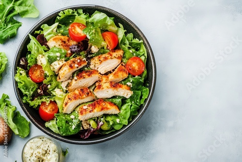 Chicken Caesar salad bowl served on white