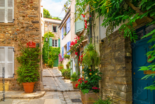 Fototapeta Naklejka Na Ścianę i Meble -  Colorful red flowers and potted plants line the narrow streets of the Old Town area of the medieval village of Grimaud, France, in the hills above Saint-Tropez on the Cote d'Azur.	