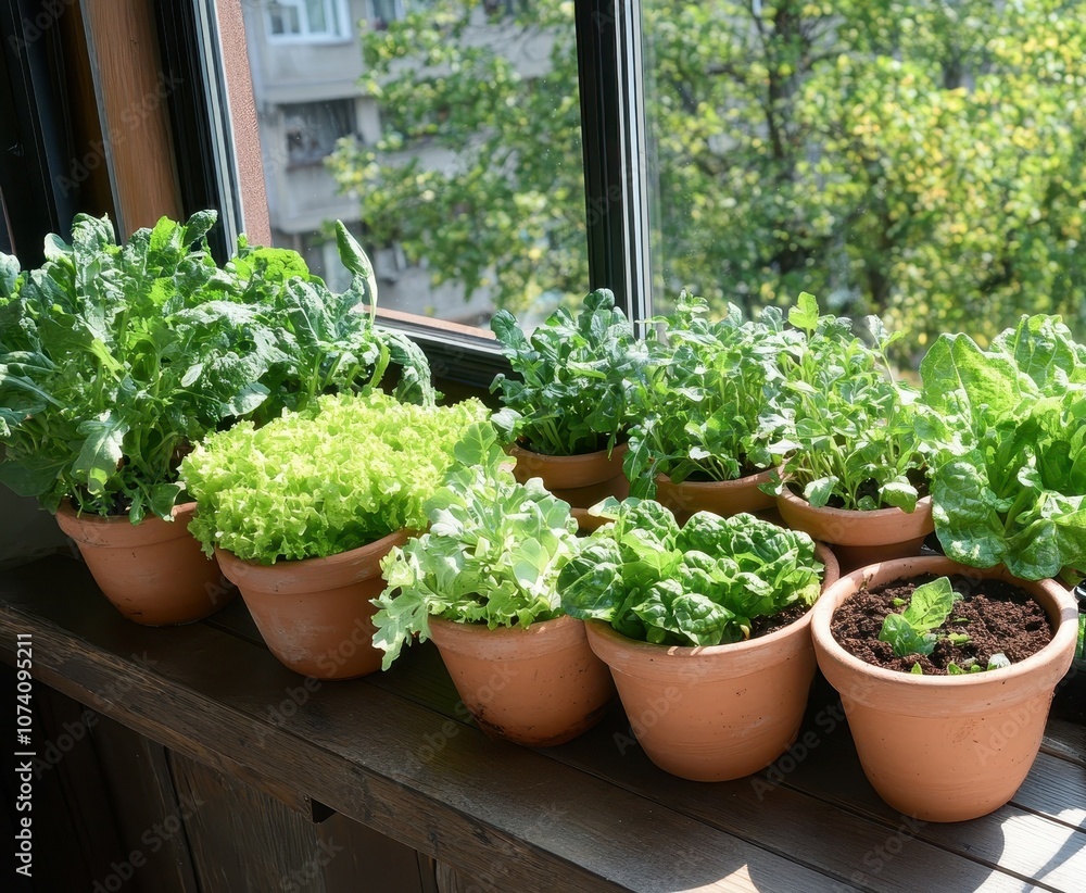 Fototapeta premium Clay pots with fresh salad and herbs sit on the balcony windowsill beside a watering can and spray bottle for plant care Indoor gardening