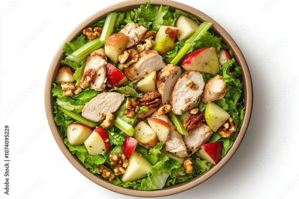 Classic salad featuring chicken apples celery lettuce and walnuts shot from above on a white backdrop Classic salad featuring chicken apples celery lettuce and walnuts shot from above on a white backdrop